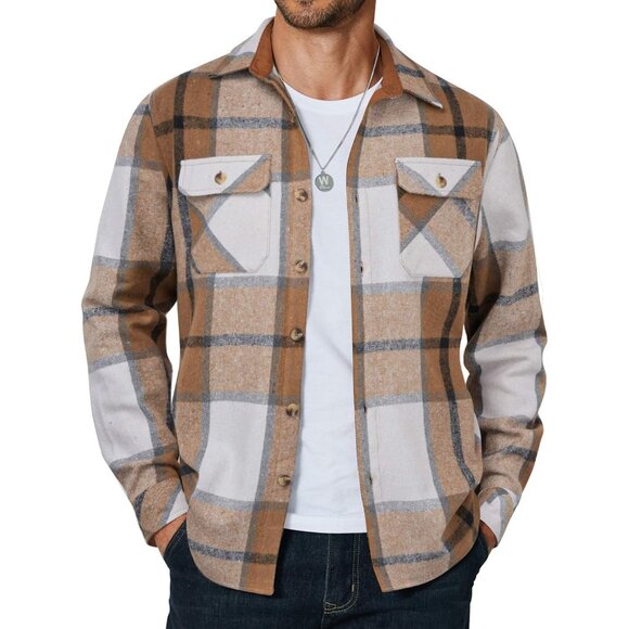 Coofandy Men Khaki Flannel Plaid Button Down Jacket Shirt with Pockets - Picture 1 of 5